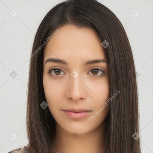 Neutral asian young-adult female with long  brown hair and brown eyes