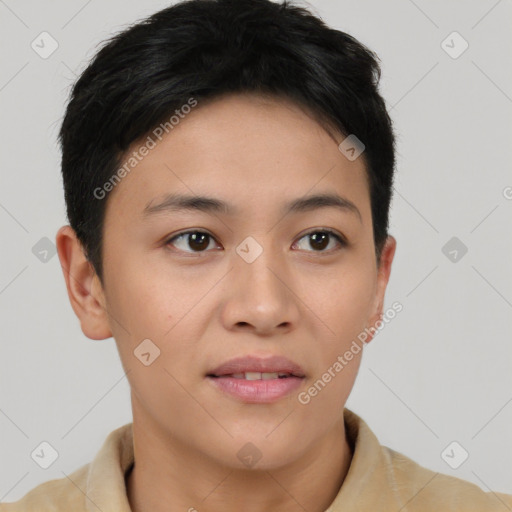 Joyful asian young-adult female with short  brown hair and brown eyes