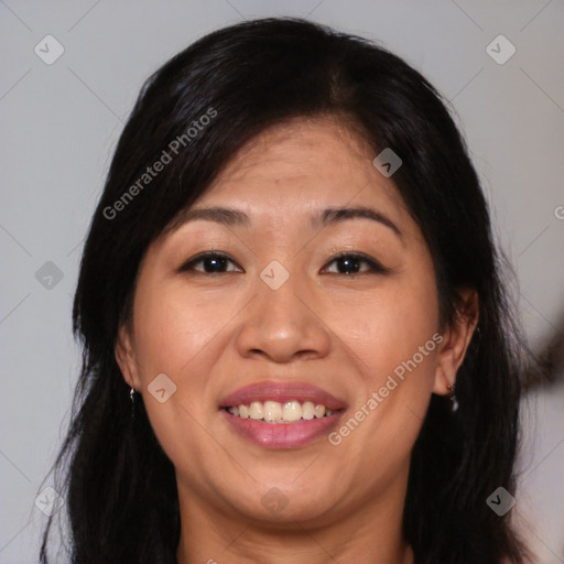 Joyful white adult female with medium  brown hair and brown eyes