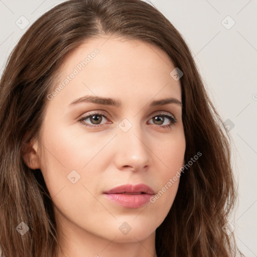 Neutral white young-adult female with long  brown hair and brown eyes