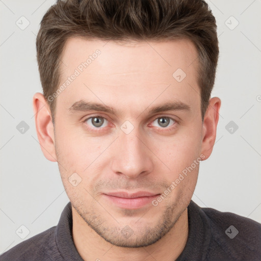 Neutral white young-adult male with short  brown hair and grey eyes