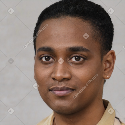 Neutral black young-adult male with short  black hair and brown eyes