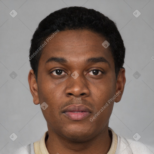 Neutral black young-adult male with short  black hair and brown eyes