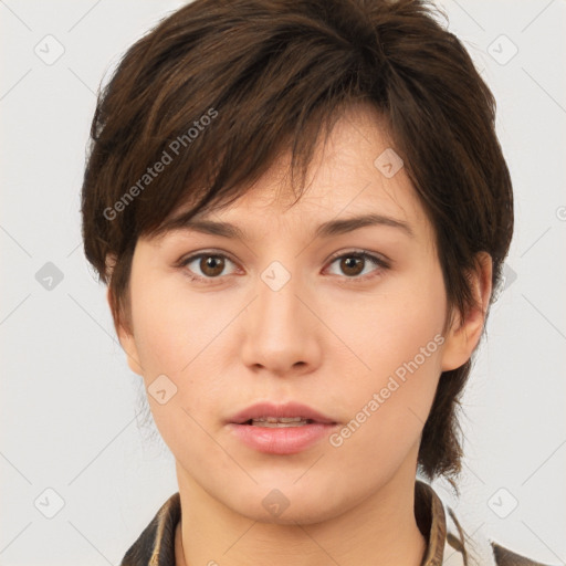 Neutral white young-adult female with medium  brown hair and brown eyes