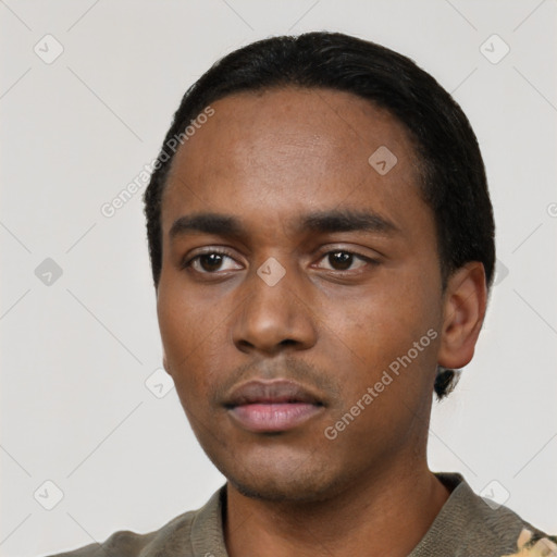 Neutral black young-adult male with short  black hair and brown eyes