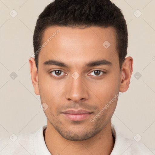 Neutral latino young-adult male with short  black hair and brown eyes