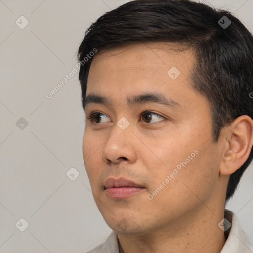 Neutral asian young-adult male with short  black hair and brown eyes