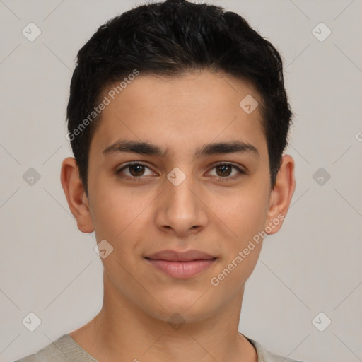 Joyful latino young-adult male with short  brown hair and brown eyes