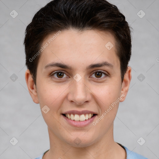 Joyful white young-adult female with short  brown hair and brown eyes