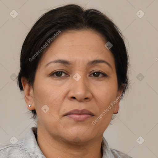 Joyful white adult female with medium  brown hair and brown eyes