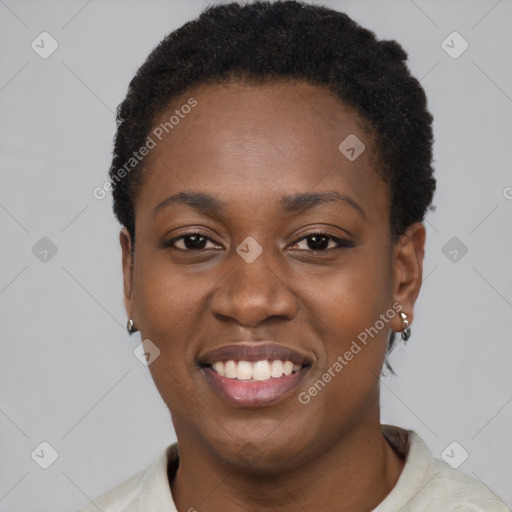 Joyful latino young-adult female with short  black hair and brown eyes