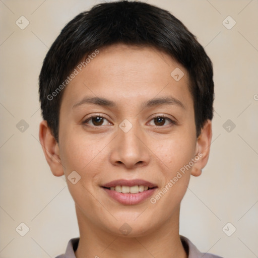 Joyful white young-adult female with short  brown hair and brown eyes