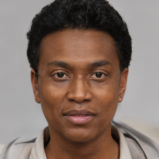 Neutral black young-adult male with short  black hair and brown eyes