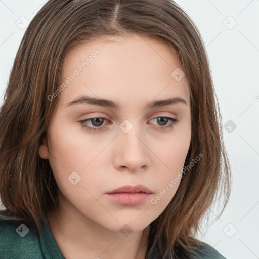 Neutral white young-adult female with medium  brown hair and brown eyes