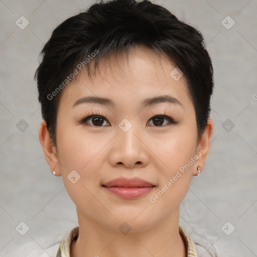 Joyful asian young-adult female with short  brown hair and brown eyes