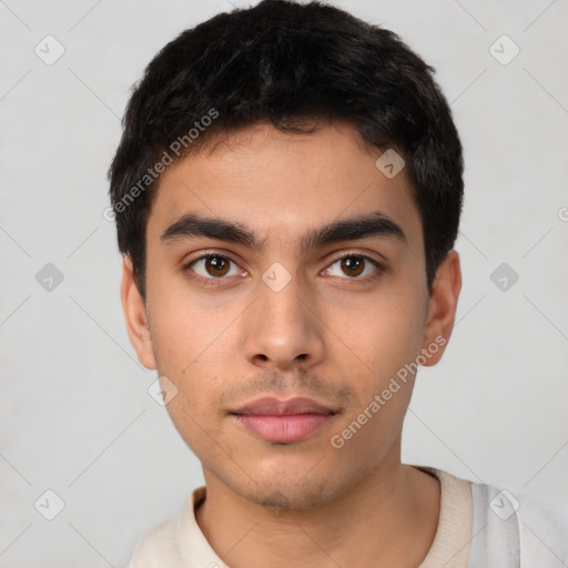 Neutral latino young-adult male with short  black hair and brown eyes