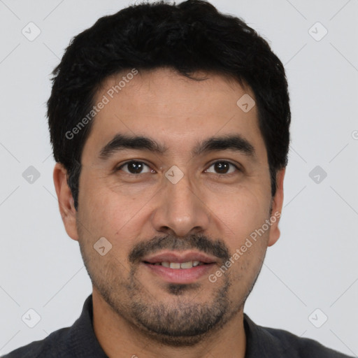 Joyful white young-adult male with short  black hair and brown eyes