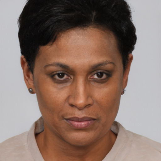 Joyful black adult female with short  brown hair and brown eyes