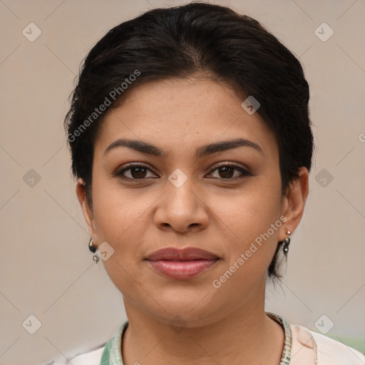 Joyful latino young-adult female with short  brown hair and brown eyes