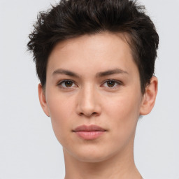 Neutral white young-adult female with short  brown hair and brown eyes