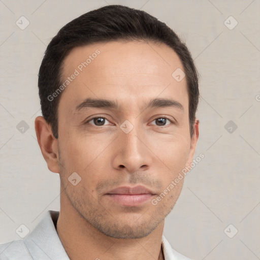 Neutral white young-adult male with short  brown hair and brown eyes