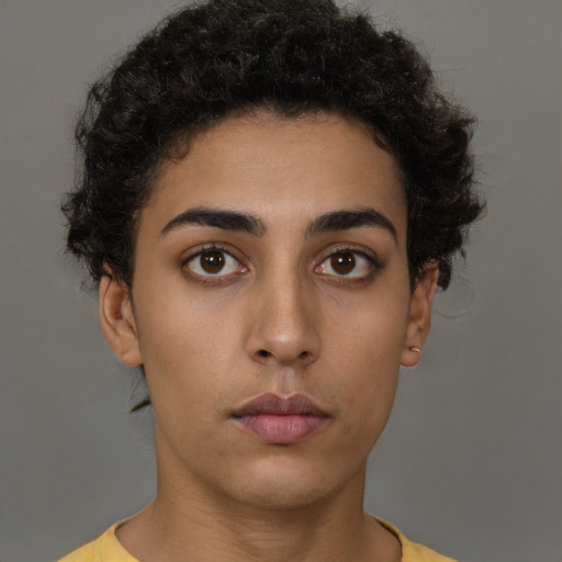 Neutral latino young-adult female with short  brown hair and brown eyes