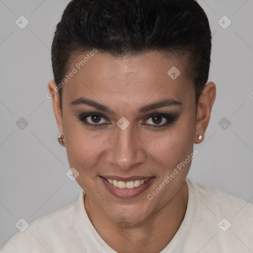 Joyful white young-adult female with short  brown hair and brown eyes