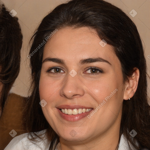 Joyful white young-adult female with medium  brown hair and brown eyes