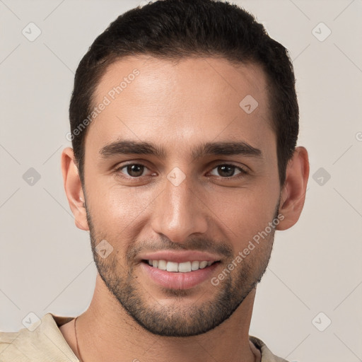 Joyful white young-adult male with short  brown hair and brown eyes