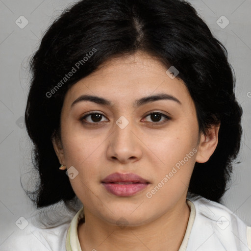 Joyful latino young-adult female with medium  black hair and brown eyes