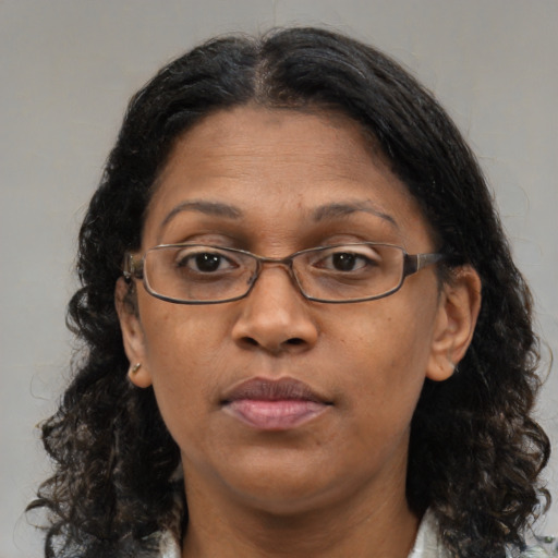 Neutral black adult female with medium  brown hair and brown eyes