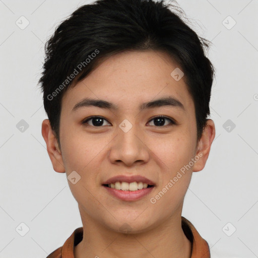 Joyful asian young-adult female with short  brown hair and brown eyes