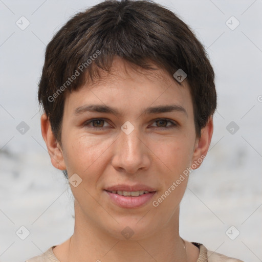 Joyful white young-adult female with short  brown hair and brown eyes