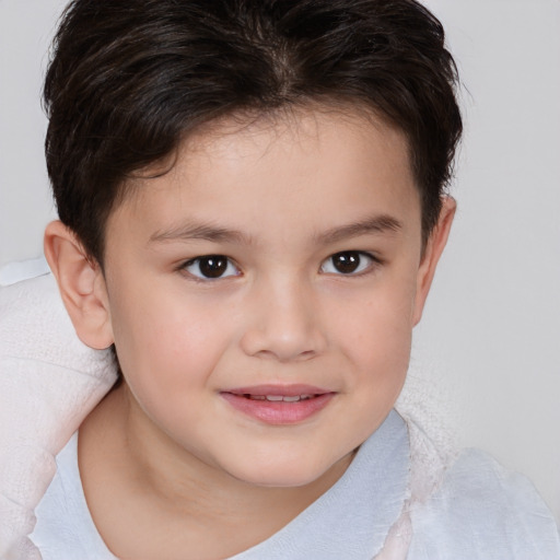 Joyful white child female with short  brown hair and brown eyes