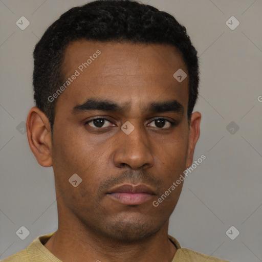 Neutral black young-adult male with short  black hair and brown eyes