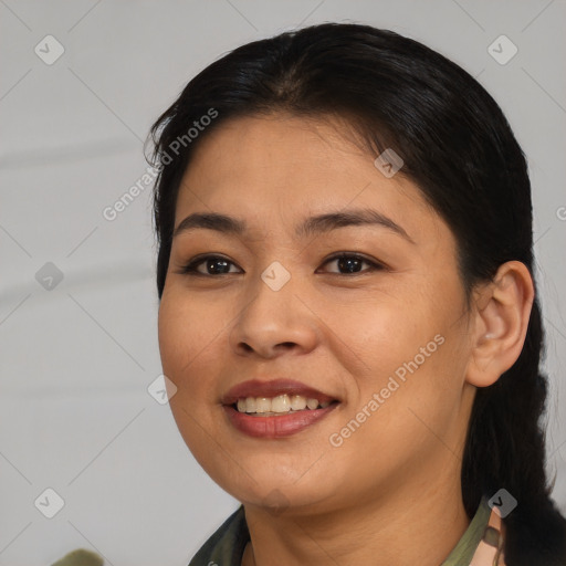 Joyful asian young-adult female with medium  brown hair and brown eyes