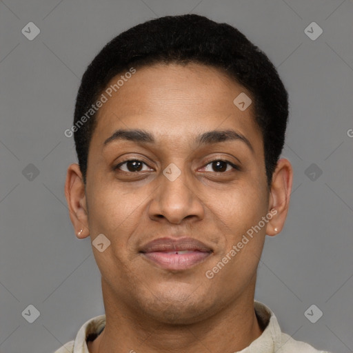 Joyful latino young-adult male with short  brown hair and brown eyes