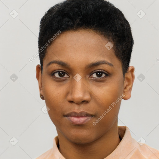 Neutral black young-adult female with short  black hair and brown eyes