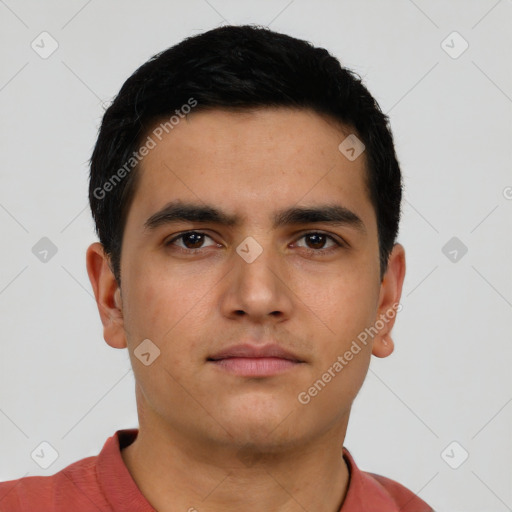 Neutral latino young-adult male with short  black hair and brown eyes