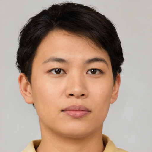 Neutral asian young-adult male with short  brown hair and brown eyes