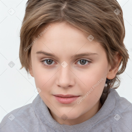 Joyful white child female with medium  brown hair and brown eyes