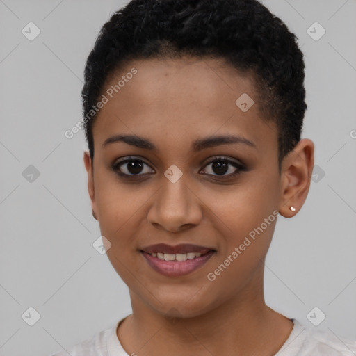 Joyful latino young-adult female with short  brown hair and brown eyes