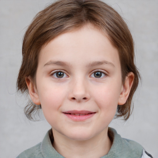 Joyful white child female with medium  brown hair and brown eyes