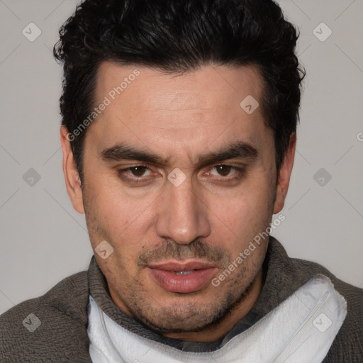 Neutral white adult male with short  black hair and brown eyes