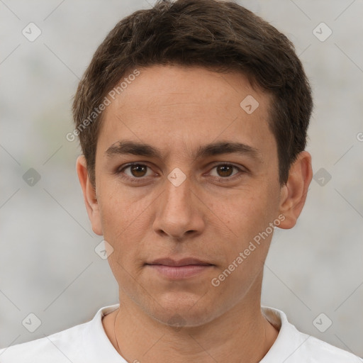 Neutral white young-adult male with short  brown hair and brown eyes