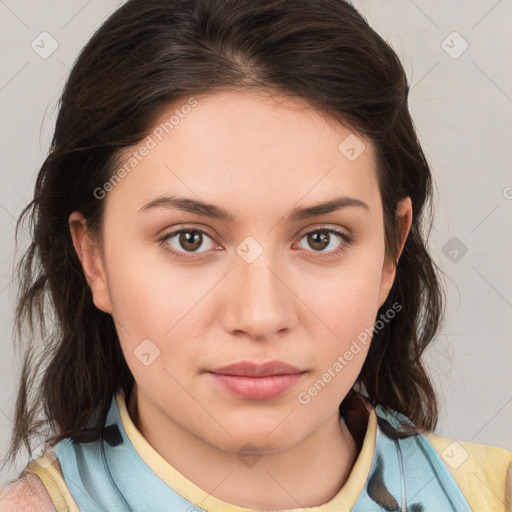 Neutral white young-adult female with medium  brown hair and brown eyes