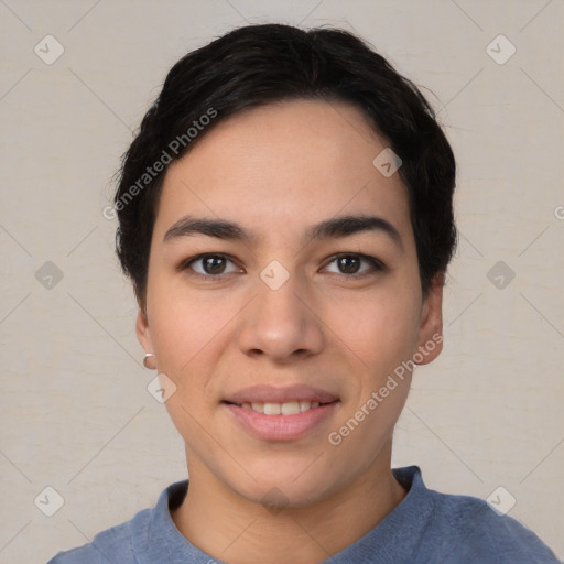 Joyful asian young-adult female with short  black hair and brown eyes