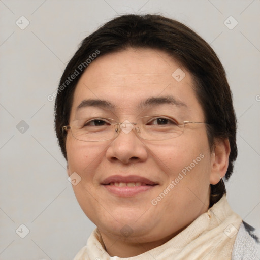 Joyful white adult female with short  brown hair and brown eyes