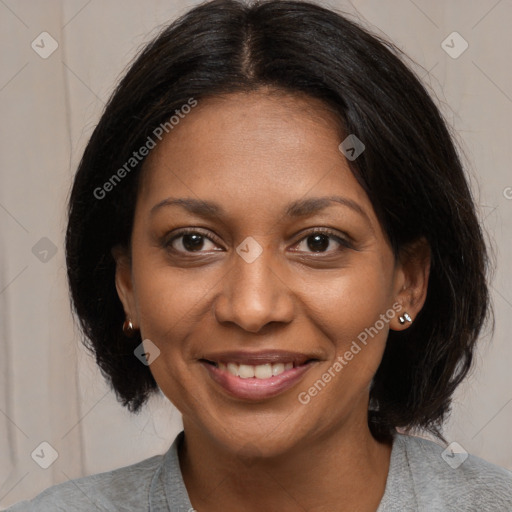 Joyful black young-adult female with medium  black hair and brown eyes