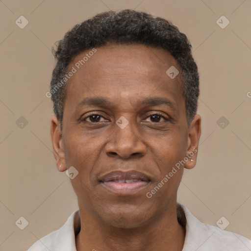 Joyful black adult male with short  black hair and brown eyes